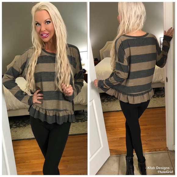 ❤️LAST 1! mocha/gray striped ruffle top! - Picture 3 of 4